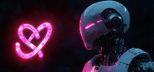 Poster - Futuristic Robot in Dark Environment with Pink Infinity Symbol in Cyberpunk Art Style