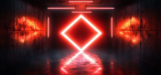 Poster - Futuristic Neon Glowing Shapes Cyberpunk Red Laser Lights Dark Concrete Corridor Creative Studio 3D Rendering