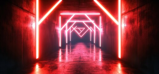 Poster - Futuristic Neon Cyberpunk Corridor with Red Diamond Shapes in Dark Concrete Tunnel