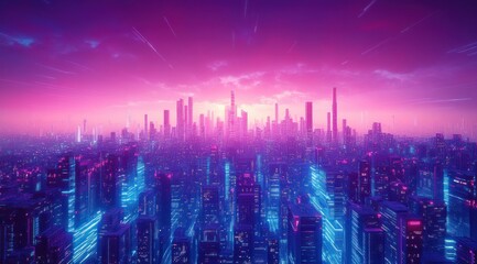 Poster - Vibrant Cyberpunk Cityscape Futuristic 3D Render at Dusk