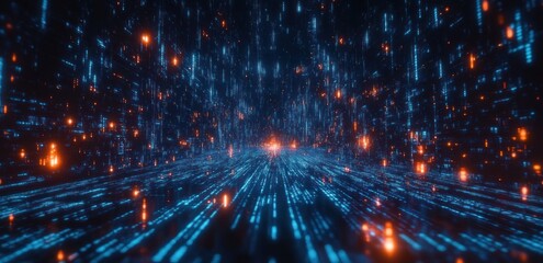 Leinwandbilder - Futuristic Cyberpunk Digital Landscape with Binary Code and Depth of Field Effect for AI and Big Data Concepts
