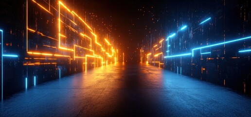 Aufkleber - Cyberpunk Neon Room with Illuminated Blue Orange Lines and Dramatic Lighting in a Futuristic Corridor