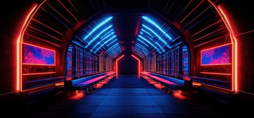 Poster - Futuristic Neon Corridor Cyberpunk Style Glowing Tunnel Dark Industrial Space 3D Rendering