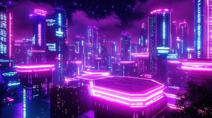 Aufkleber - Cyberpunk Cityscape Rooftop View 3D Render Night Scene