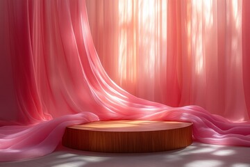 Poster - Pink Silk Fabric on Wooden Pedestal in Soft Light