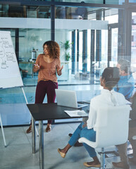 Aufkleber - Presentation, coaching and mind map with business woman in office for ads specialist, seo performance and branding. Campaign strategy, training and tracking tools with people in marketing agency
