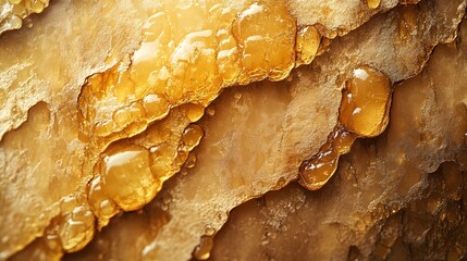 Poster - Abstract macro photo of amber resin with a golden texture and glossy drops. Amber Resin Abstract Macro Photography: Golden Texture