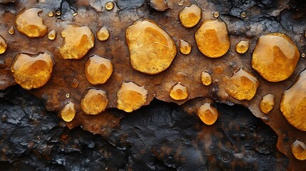Poster - Close-up of amber resin droplets on a dark rock. Natural textures and rich colors. Amber Resin Droplets on Dark Rock Surface