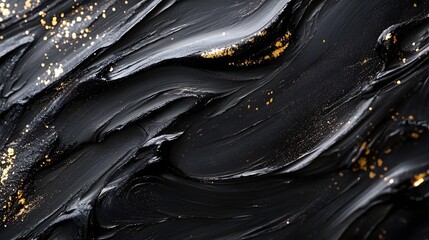 Poster - Close-up of a captivating abstract painting, featuring black swirls interspersed with gold accents. The texture is rich and luxurious. Abstract Black and Gold Swirls: A Luxurious Textural Masterpiece