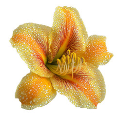 Aufkleber - vibrant yellow flower with orange streaks and water droplets, showcasing its delicate petals and intricate details. flower exudes freshness and beauty, perfect for nature lovers