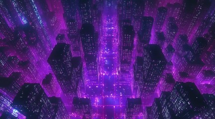 Aufkleber - Futuristic Cityscape Aerial View with Neon Lights and Skyscrapers in Metaverse
