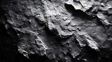 Poster - Close-up of a dark grey rock face, showcasing texture and contrasting shades of light and shadow. Natural rock formation. A Monochrome Study of Rugged Rock Formations