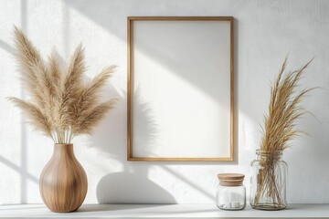 Poster - Minimalist Scandinavian Interior Scene with Empty Picture Frame and Pampas Grass in Modern White Living Room