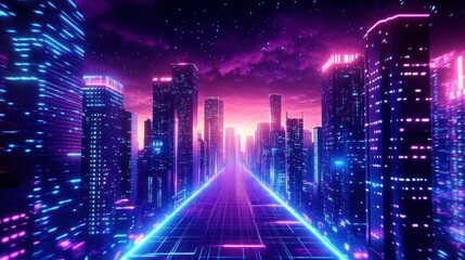 Aufkleber - Futuristic Cyberpunk Cityscape at Dusk with Neon Lights and Skyscrapers