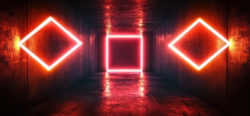Poster - Cyberpunk Hallway Neon Lights Red Shapes Dark Concrete Tunnel 3D Rendering Stylish Underground Corridor