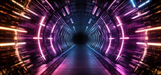 Aufkleber - Futuristic Cyberpunk Tunnel Neon Glowing Lights 3D Rendering Dark Space Underground Corridor