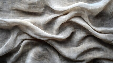 Poster - Close-up image of beige linen fabric, showing its soft drapes and subtle textures. Elegant and luxurious. Textured Beige Linen Fabric Draped Softly, Elegant and Luxurious, Studio Shot