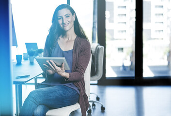Poster - Woman, tablet and online for research in portrait, media and professional journalist for story. Office, publishing agency and website for newsletter editing, proud reporter and creative employee