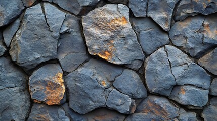 Poster - Close-up view of a stone wall with irregular shapes and colors, predominantly grey with ochre highlights. Intricate Stone Wall Texture: A Study in Grey and Ochre Hues