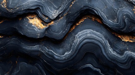 Poster - Close-up image of a dark blue rock formation with gold accents, showcasing swirling patterns and texture. Abstract Dark Blue and Gold Swirls Rock Formation Texture