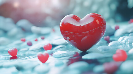 Poster - Big red heart leading many small hearts across a body of water