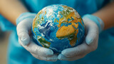 Doctor wearing surgical gloves holding globe earth model