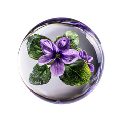 Aufkleber - beautiful purple flower encased in glass sphere, showcasing vibrant petals and lush green leaves. crystal clear orb enhances floral details, creating stunning visual effect