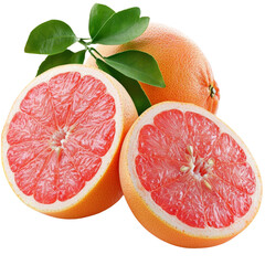 Poster - Fresh pink grapefruit halves with green leaves, showcasing juicy segments and vibrant color. Perfect for healthy snacks or refreshing drinks