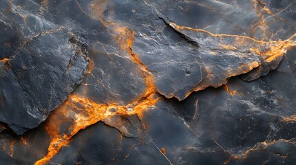 Poster - Abstract close-up of dark gray stone with bright orange veins. Textured background. Fiery Veins of Stone: A Textured Abstract of Dark Rock with Glowing Orange Accents