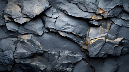 Poster - Close-up view of a dark grey rock surface with hints of gold. Intricate texture and layering showcase the natural beauty. Dark Grey and Gold Rock Formation Texture