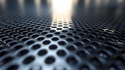Poster - Close-up view of a perforated metal sheet, showcasing its intricate texture and reflective surface. Industrial design and modern aesthetics. Abstract Metallic Perforated Surface Texture