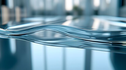 Poster - Abstract image of a blue liquid wave reflecting on a smooth surface. Minimalist design with a serene atmosphere. Abstract Blue Liquid Wave Reflection Smooth Curves and Translucent Textures