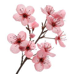 Poster - Beautiful pink cherry blossoms with water droplets on transparency background, showcasing delicate petals and vibrant stamens. perfect representation of spring beauty and renewal