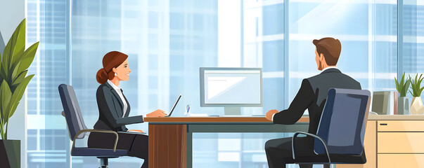 Poster - Business people having meeting in modern office with big city view from window illustration