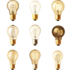 Poster - Bright light bulbs in various designs arranged in grid, showcasing different filament styles and shapes, creating warm and inviting atmosphere