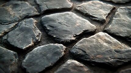 Poster - Close-up view of dark grey cobblestones. Rough texture and irregular shapes. Cobblestone Texture: Dark Grey Stones Close Up