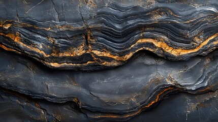 Poster - Close-up view of a striking rock formation. Deep blacks, gold streaks. Black and Gold Layered Rock Formation: A Textured Masterpiece