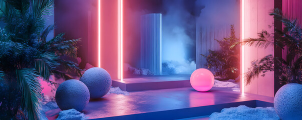 Poster - Empty futuristic sci-fi stage with neon lights and tropical plants