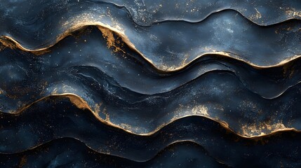 Poster - Abstract image featuring navy blue waves with gold accents. Luxurious, elegant, and stylish. Abstract Navy Blue and Gold Waves: A Luxurious Textured Masterpiece