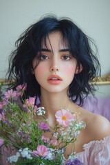 Wall Mural - Young woman with tousled hair holding a bouquet of flowers in a bright room during daytime