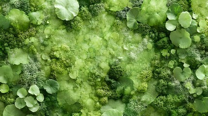 Poster - Close-up image showcasing a vibrant, textured blend of green moss and leaves. A tranquil scene that evokes peace and nature's beauty. Lush Green Moss and Leaf Texture: A Serene Natural Abstract