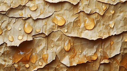 Poster - Close-up of wet brown crumpled paper with water droplets. Abstract Wet Brown Paper Texture