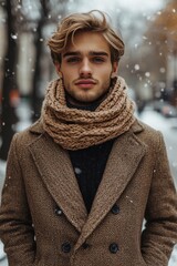 Young man poses confidently in winter attire against a snowy city backdrop with falling snowflakes