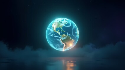 Wall Mural - Blue shining translucent planet earth against a dark background surrounded  a tiny bit of haze.