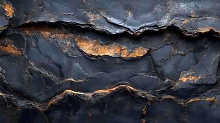 Poster - Close-up of a dark stone texture with gold accents. Abstract rock formation. Dark Stone Texture: Abstract Black and Gold Rock Formation