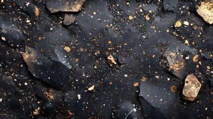 Poster - Close-up of dark, textured rock with gold accents, an abstract and luxurious visual. Ideal for backgrounds and design projects. Black Gold: A Stunning Abstract Composition of Rocks and Minerals