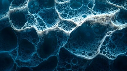 Poster - Close-up image of blue ocean foam with intricate bubble formations. Abstract and detailed nature photography. Abstract Blue Ocean Foam Texture: A Macro View of Nature's Intricate Design