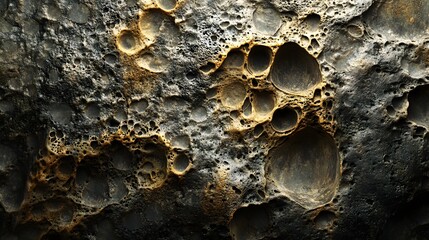 Poster - Close-up view of a rock surface resembling the moon's texture with craters and a unique color combination. Lunar Surface Texture: A Close-Up of Cratered Rock