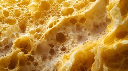 Poster - Close-up macro shot of a golden honeycomb-like texture with air bubbles and variations in lighting. Golden Honeycomb Texture: A Close-Up Macro Photograph