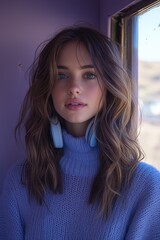 Wall Mural - Young woman with long hair wearing headphones poses in cozy purple sweater by the window on a bright day